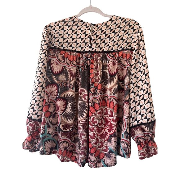 Fate Womens Boho Mix Media Balloon Sleeve Silky Blouse Size L - Picture 2 of 13